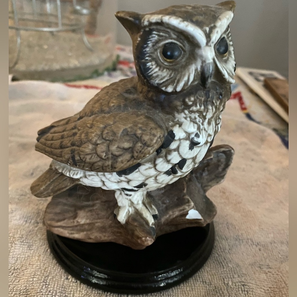 Hand-Painted Brown and White Ceramic Owl Figurine